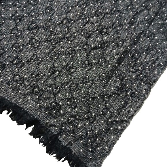 Gucci Rare Vintage Studded Dark Grey & Silver Reversible GG Logo Print Shawl - Picture 4 of 10